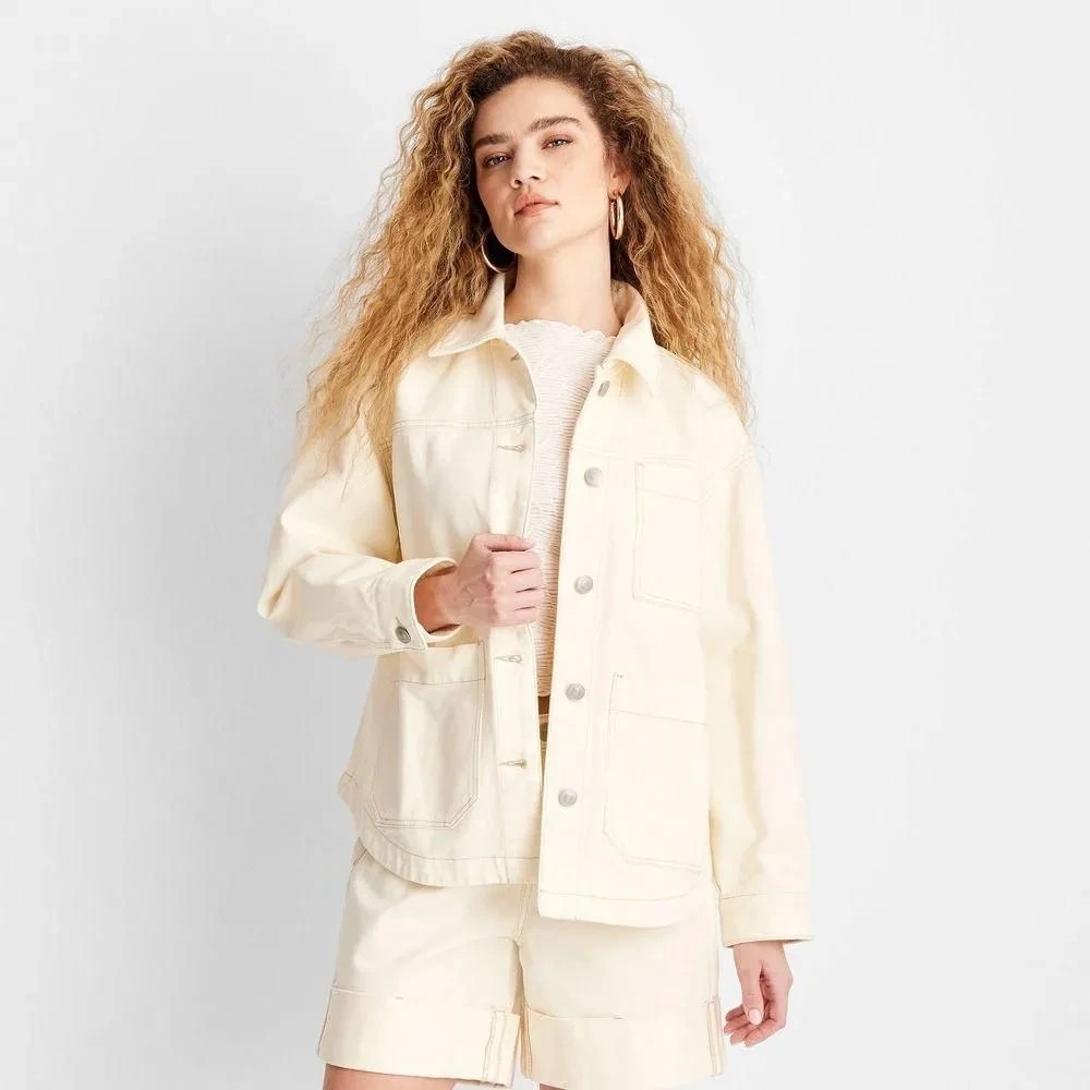 A-13 Women's Contrast Stitch‎ Denim Chore Coat - Future Collective Cream L
